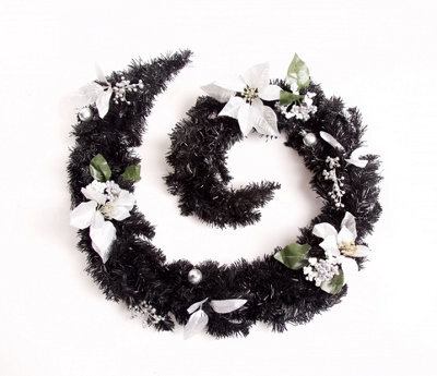 Best Artificial 6Ft Decorated Black & Silver Decorated Christmas Garland With Baubles Berries And Pinecones Suitable For Fireplace - image 1