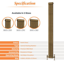 Plum&clay Corwin Rustic Brass Double Column Vertical Traditional Cast Iron Style Radiator (W)200mm (H)1800mm - thumbnail 3