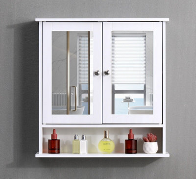 Bathroom Wall Cabinet Storage Cupboard With Mirror Wooden Shelves White - image 1
