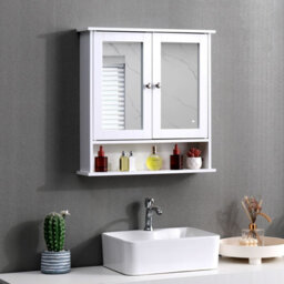 Bathroom Wall Cabinet Storage Cupboard With Mirror Wooden Shelves White - thumbnail 2