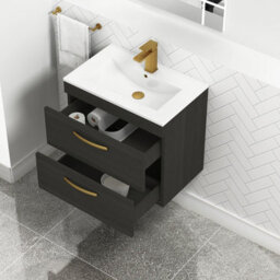 Royal Bathrooms Turin Hale Black 600mm Wall Hung Vanity Unit 2 Drawer With Minimalist Basin Sink & Brushed Brass Handles - thumbnail 3