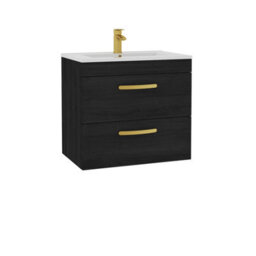Royal Bathrooms Turin Hale Black 600mm Wall Hung Vanity Unit 2 Drawer With Minimalist Basin Sink & Brushed Brass Handles - thumbnail 6