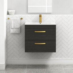 Royal Bathrooms Turin Hale Black 600mm Wall Hung Vanity Unit 2 Drawer With Minimalist Basin Sink & Brushed Brass Handles