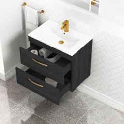 Royal Bathrooms Turin Hale Black 600mm Wall Hung Vanity Unit 2 Drawer With Minimalist Basin Sink & Brushed Brass Handles - thumbnail 5