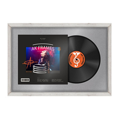 "AK Frames 25X17"" White Rustic Modern Vinyl Record Frame With Mid Grey Mount For 12 Inch Lp Cover & Disc - Overlapped Design" - image 1