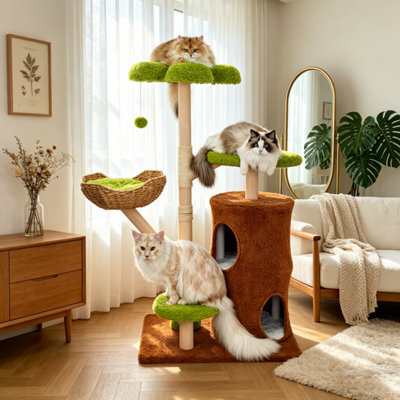 Bingopaw 142Cm Tall Wood Cat Tree Tower With Scratching Post Branches, 2-Tier Tree Hole Cat Condo - image 1