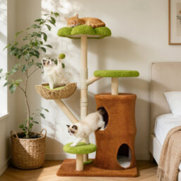 Bingopaw 142Cm Tall Wood Cat Tree Tower With Scratching Post Branches, 2-Tier Tree Hole Cat Condo - thumbnail 6