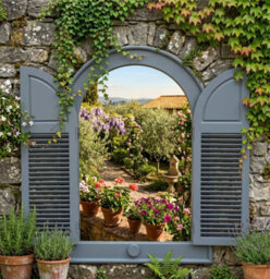 Deenz Decorative Window Double Door Shutter Panels Wall Mounted Bordered Mirror Grey Finish Antique Arched Top Louvred 49 X 57 Cm - thumbnail 5