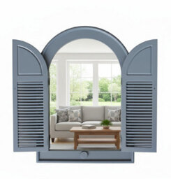 Deenz Decorative Window Double Door Shutter Panels Wall Mounted Bordered Mirror Grey Finish Antique Arched Top Louvred 49 X 57 Cm - thumbnail 2
