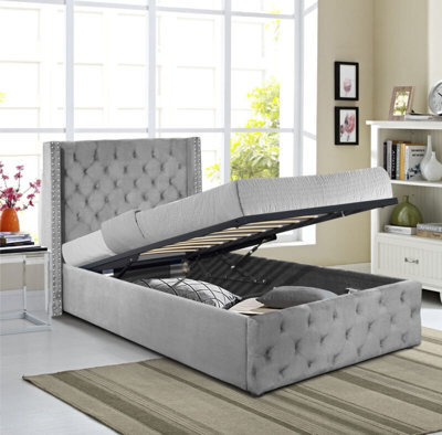 Comfy Living 3Ft Winged Plush Velvet Ottoman Gas Lift Storage Bed In Light Grey