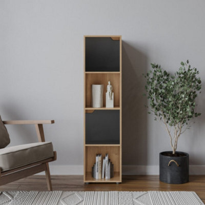 Urbn-Living Urbnliving 119Cm Height 4 Cubes Oak Wooden Bookcase Shelving Display Shelf Black Door Storage Unit - image 1