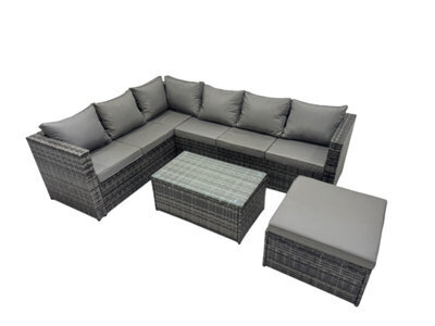 Fimous Outdoor Rattan Rectangular Coffee Table Corner Sofa Sets Garden Furniture Set With Big Stool Dark Grey Mixed - image 1