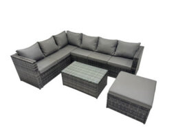Fimous Outdoor Rattan Rectangular Coffee Table Corner Sofa Sets Garden Furniture Set With Big Stool Dark Grey Mixed - thumbnail 1
