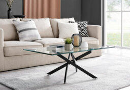Furniturebox Leonardo Rectangular Glass Coffee Table With Black Metal Angled Starburst Legs For Modern Industrial Living Room