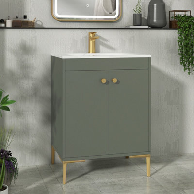 Royal Bathrooms Verona 600mm Matt Green Floor Standing Vanity Unit 2 Door With Carrara White Basin & Brushed Brass Knob - image 1