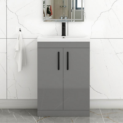 Royal Bathrooms Turin Indigo Grey Gloss 600mm Floor Standing Vanity Unit 2 Door With Mid-Edge Basin Sink & Matt Black Handles - image 1