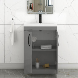 Royal Bathrooms Turin Indigo Grey Gloss 600mm Floor Standing Vanity Unit 2 Door With Mid-Edge Basin Sink & Matt Black Handles - thumbnail 3