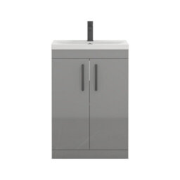 Royal Bathrooms Turin Indigo Grey Gloss 600mm Floor Standing Vanity Unit 2 Door With Mid-Edge Basin Sink & Matt Black Handles - thumbnail 6