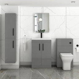 Royal Bathrooms Turin Indigo Grey Gloss 600mm Floor Standing Vanity Unit 2 Door With Mid-Edge Basin Sink & Matt Black Handles - thumbnail 2
