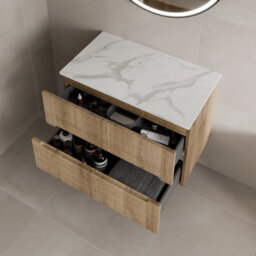 Affine 800mm Bathroom Vanity Unit White Marble Countertop Wall Hung Fluted Oak Unit - thumbnail 3