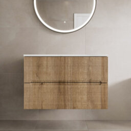 Affine 800mm Bathroom Vanity Unit White Marble Countertop Wall Hung Fluted Oak Unit - thumbnail 1