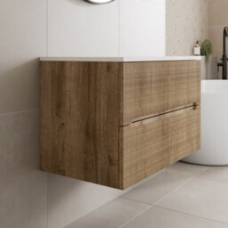 Affine 800mm Bathroom Vanity Unit White Marble Countertop Wall Hung Fluted Oak Unit - thumbnail 2