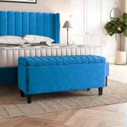 90Cm Lined Upholstered Ottoman Storage Box - Duck Egg Plush Velvet Blanket Storage Box With Wooden Legs - thumbnail 1