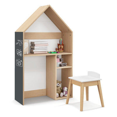 Costway House-Shaped Table And Chair Set Kids Wooden W/ Cabinet Blackboard