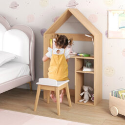 Costway House-Shaped Table And Chair Set Kids Wooden W/ Cabinet Blackboard - thumbnail 7