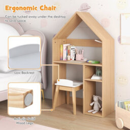 Costway House-Shaped Table And Chair Set Kids Wooden W/ Cabinet Blackboard - thumbnail 6