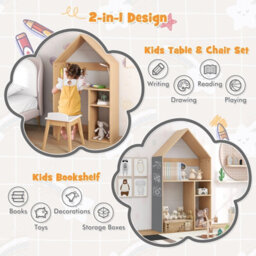Costway House-Shaped Table And Chair Set Kids Wooden W/ Cabinet Blackboard - thumbnail 3