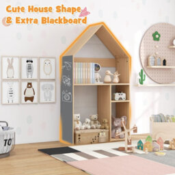 Costway House-Shaped Table And Chair Set Kids Wooden W/ Cabinet Blackboard - thumbnail 5