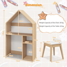 Costway House-Shaped Table And Chair Set Kids Wooden W/ Cabinet Blackboard - thumbnail 2