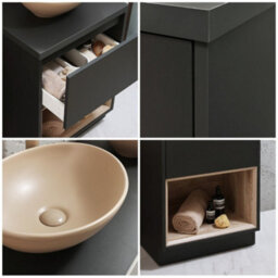 Homestylestore Dark Oak 600mm Led Lit Bathroom Vanity Unit Rectangular Sand Countertop Basin Open Shelf - thumbnail 2