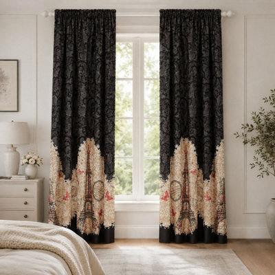 "Smart Living Oooh La La Curtains Pair With Tie Backs - Eiffel Tower Print- Black - 66""x72""" - image 1