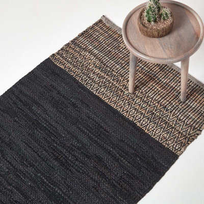 Homescapes Black Recycled Leather Handwoven Herringbone Rug, 150 X 240 Cm - image 1