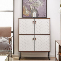 Wyld and Coco Novahome Sideboard 4 Doors 2 Compartments 100 X 76 Cm - White Gloss And Dark Wood With Black Metal Legs - thumbnail 2