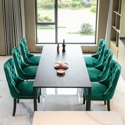 HomeTouch Set Of 6 Lux Green Velvet Kitchen Dining Chairs With Pull Knocker Ring Back Bedroom Office Chairs - image 1