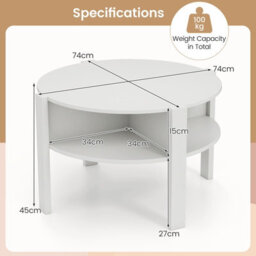 Costway 2-Tier Round Coffee Table 74Cm Tea Cocktail Table W/ Storage-White - thumbnail 2