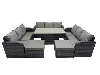 Fimous Rattan Garden Furniture Dining Set 11-Seater Patio Height Adjustable Rising Lifting Table Sofa Set With 2 Big Footstools - image 1