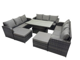 Fimous Rattan Garden Furniture Dining Set 11-Seater Patio Height Adjustable Rising Lifting Table Sofa Set With 2 Big Footstools - thumbnail 2