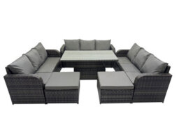 Fimous Rattan Garden Furniture Dining Set 11-Seater Patio Height Adjustable Rising Lifting Table Sofa Set With 2 Big Footstools - thumbnail 1