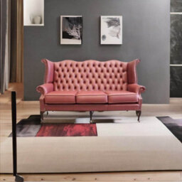 Chesterfield 3 Seater High Back Wing Sofa Shelly Burgandy Leather In Queen Anne Style - thumbnail 5