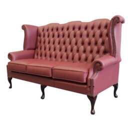Chesterfield 3 Seater High Back Wing Sofa Shelly Burgandy Leather In Queen Anne Style - thumbnail 4