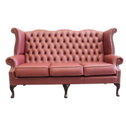 Chesterfield 3 Seater High Back Wing Sofa Shelly Burgandy Leather In Queen Anne Style - thumbnail 1