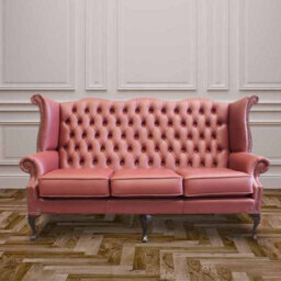 Chesterfield 3 Seater High Back Wing Sofa Shelly Burgandy Leather In Queen Anne Style - thumbnail 2