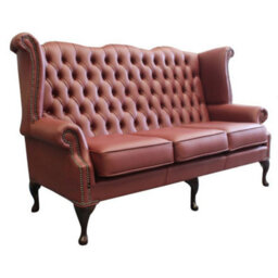 Chesterfield 3 Seater High Back Wing Sofa Shelly Burgandy Leather In Queen Anne Style - thumbnail 3