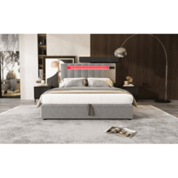 Matteo Luxury Grey Velvet Ottoman Double Bed With Hydraulic Storage, Bluetooth Stereo, Usb, & 7-Colour Led Lights - thumbnail 1