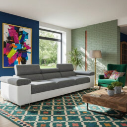 Torezio 3 Seater Sofa For Living Room With Adjustable Headrests Chipboard Frame Metal Legs 263X102X70Cm White And Grey Melange - thumbnail 1
