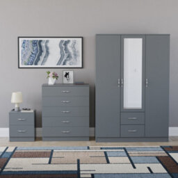 Lassic Vida Designs Riano 3 Piece Bedroom Set (2 Drawer Bedside Chest, 5 Drawer Chest, 3 Door 2 Drawer Mirrored Wardrobe), Grey - thumbnail 7